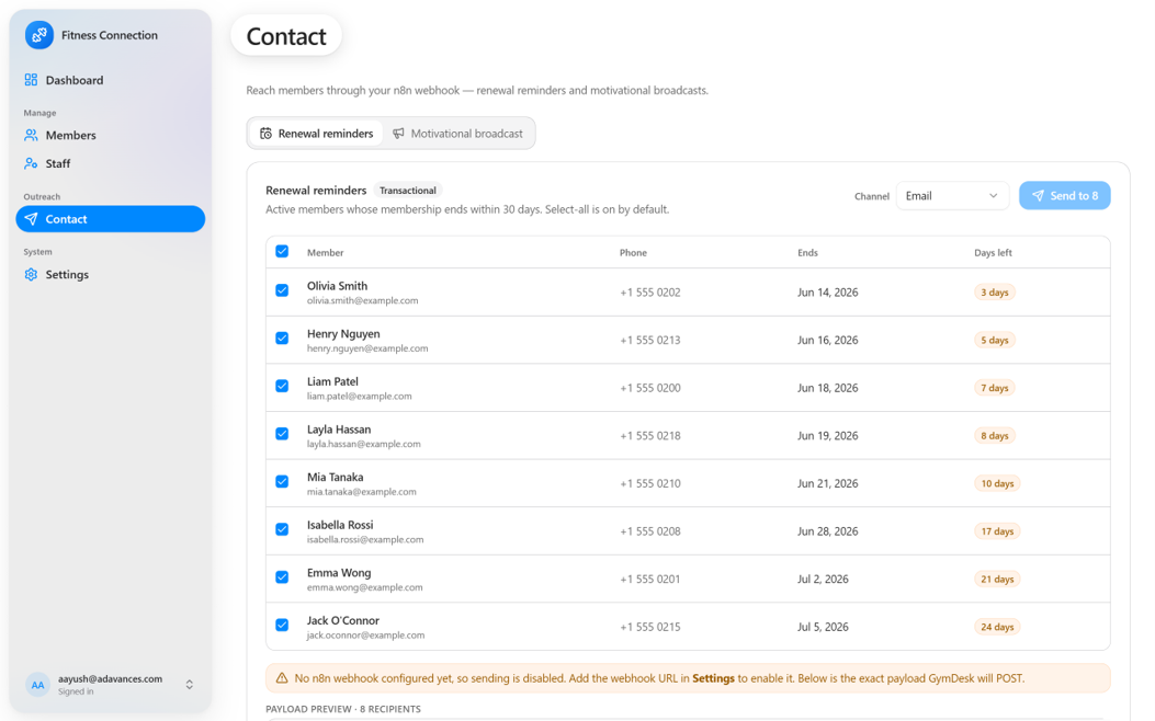 Contact outreach screen for renewal reminders and motivational broadcasts via an n8n webhook