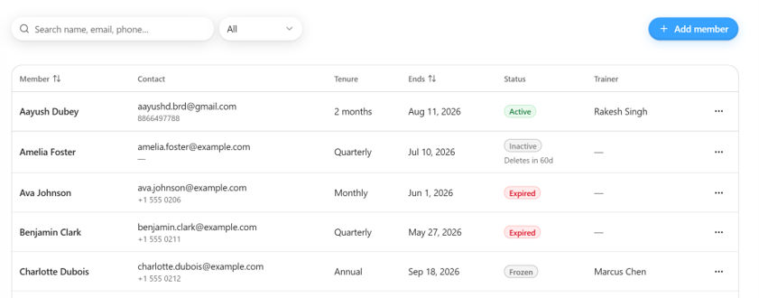 Members screen — search and filter bar above the member list