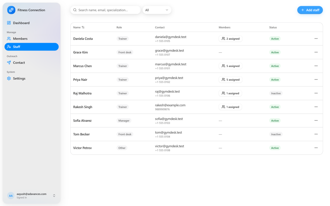 Staff screen listing trainers and front-desk roles with assignments and status